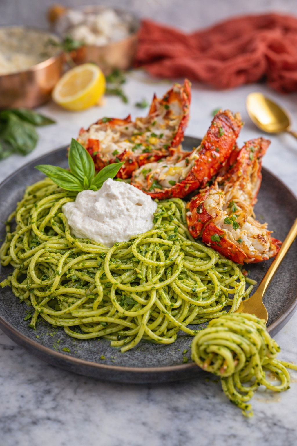 green goddess pasta with lobster