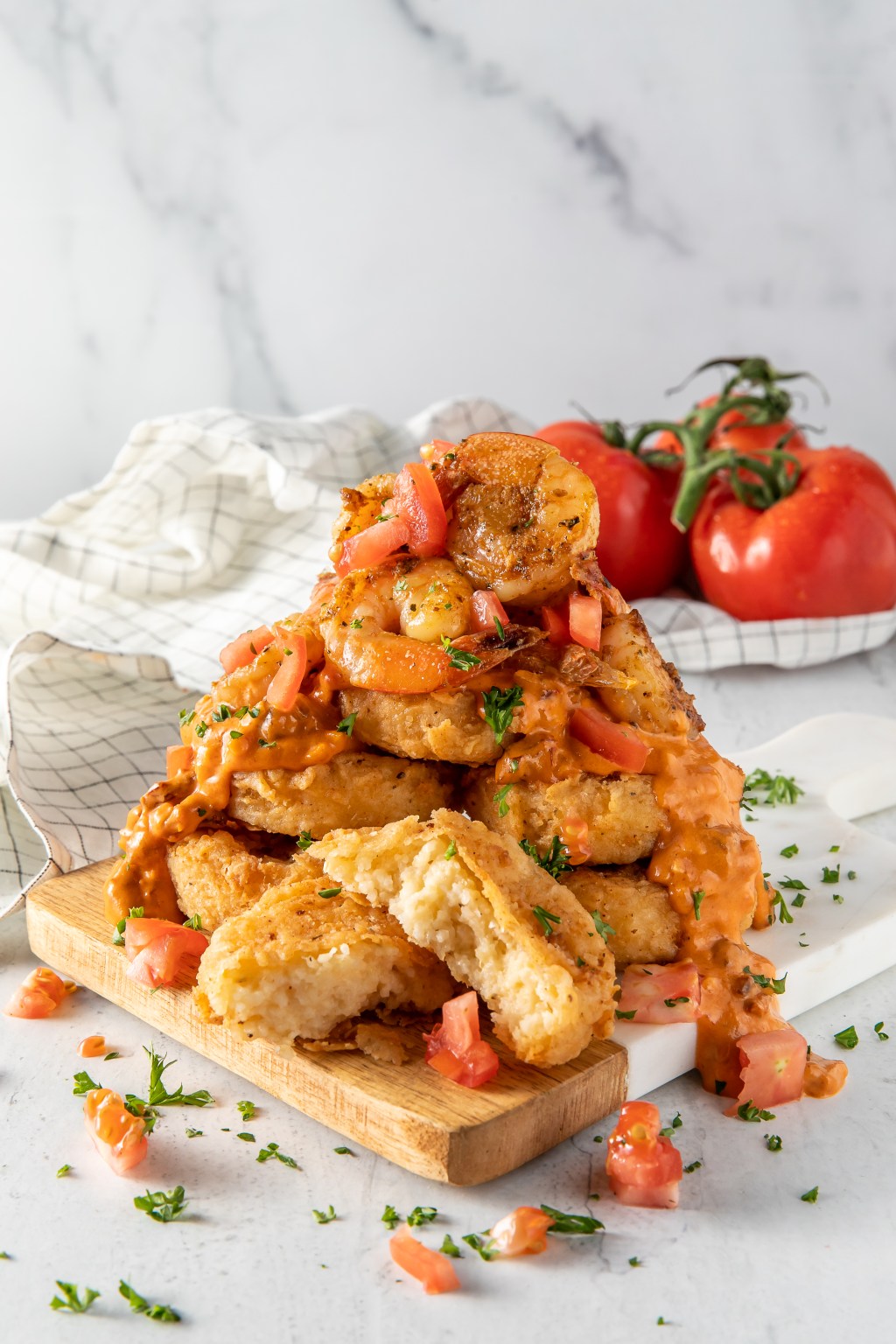 Fried Grits & Shrimp with Tomato Cream Sauce