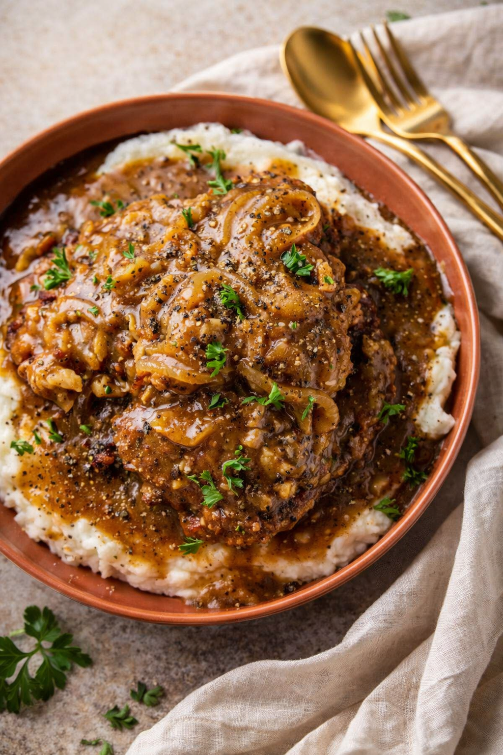 Hamburger Steak with Onion & Bell Pepper Gravy